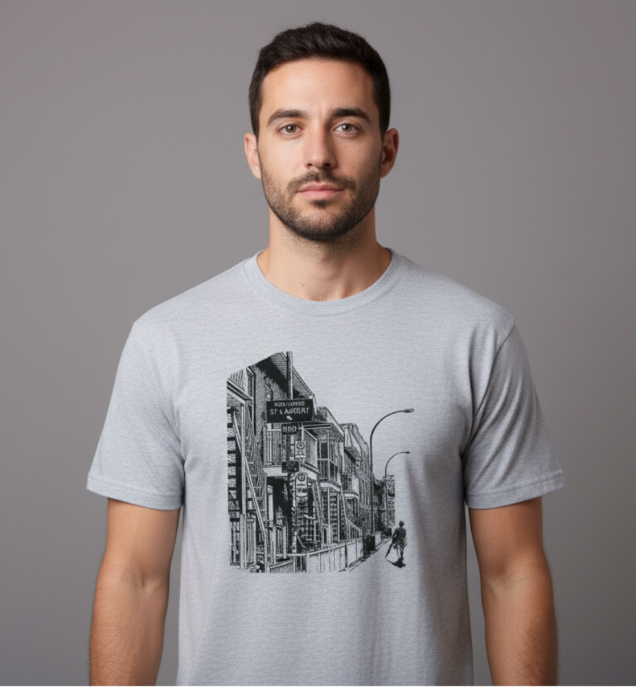 Gray t-shirt with black graphic design of a city street scene on a white background
