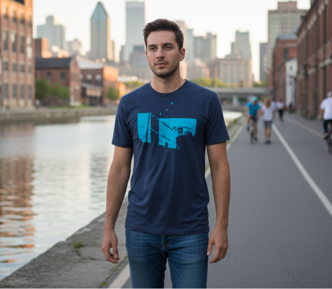 Navy blue t-shirt with a graphic print of a canal and buildings, representing a micro-brewery in an industrial neighborhood.