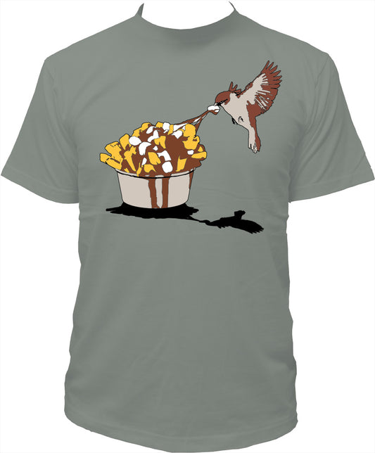 Gray t-shirt with a graphic of a bird picking poutine 