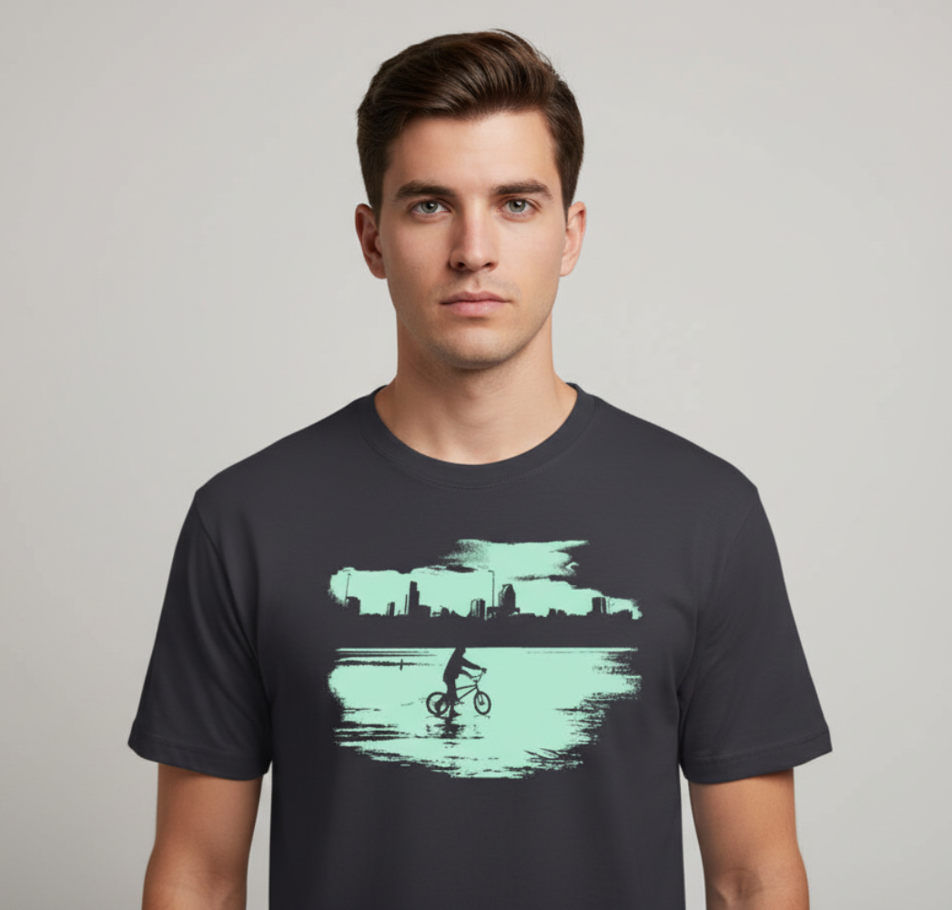 A black crew neck t-shirt with a graphic print of a person on a bicycle and a cityscape in a reflective water surface.